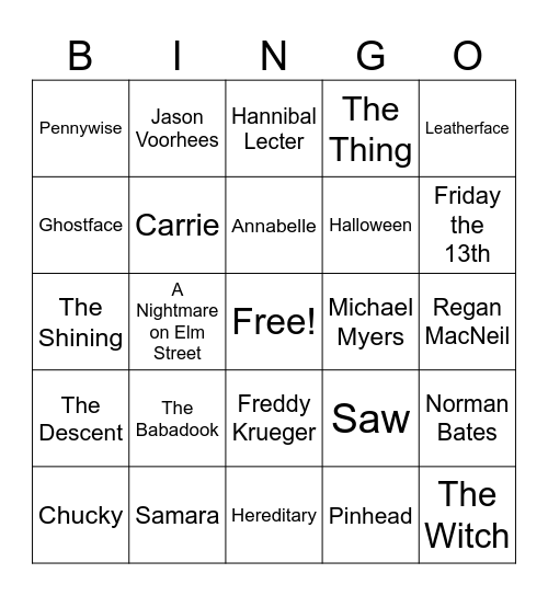 Horror Movie Bingo Card