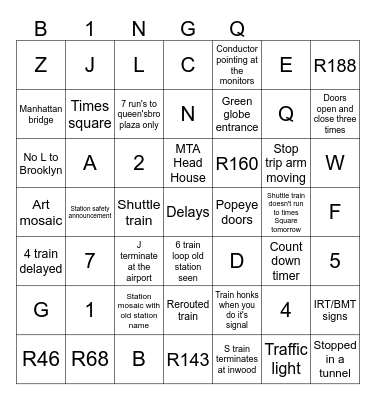 NYC Subway BINGO and bus bingo Card