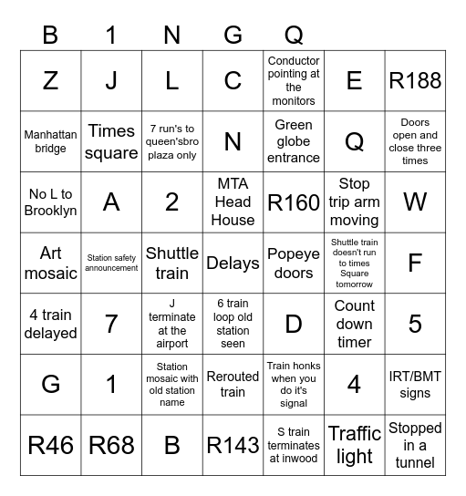 NYC Subway BINGO and bus bingo Card