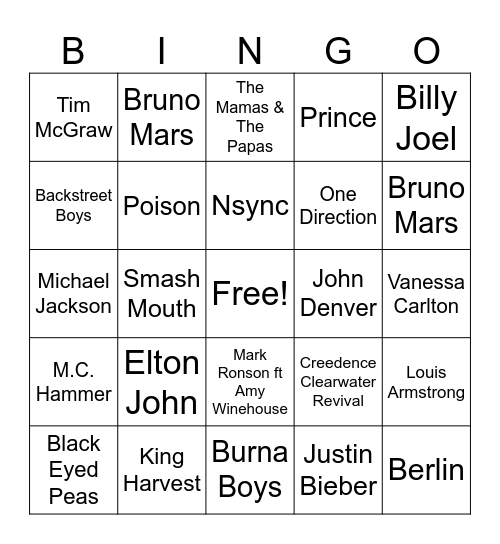 Artist Bingo Card