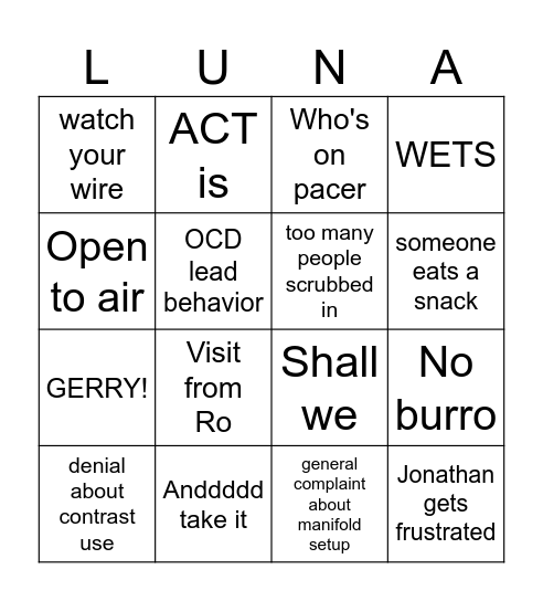 TAVR BINGO Card