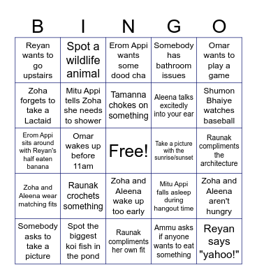 FAMILY VACAY Bingo Card