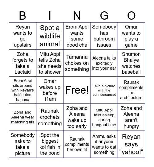 FAMILY VACAY Bingo Card