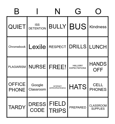 BACK TO SCHOOL Bingo Card