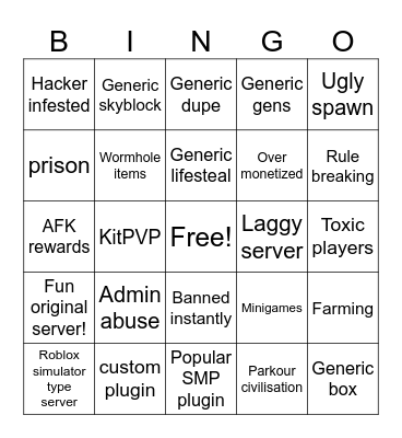 Minehut bingo Card