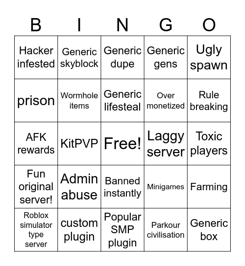 Minehut bingo Card