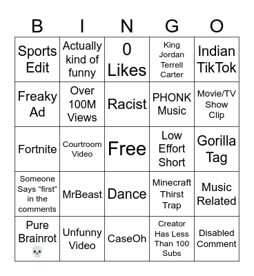 YT Shorts Bingo Card