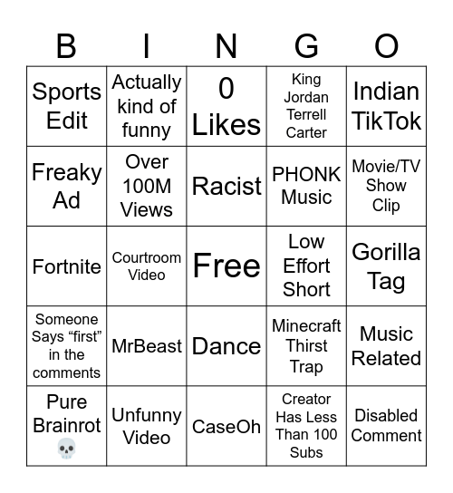 YT Shorts Bingo Card