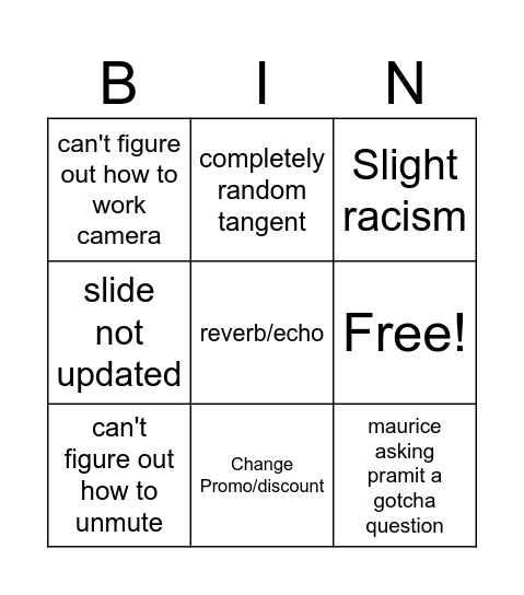 C&E Meeting Bingo Card