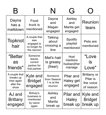 Queer Ultimatum S2 Episodes 9 & 10 Bingo Card