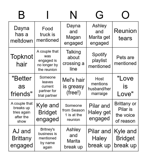 Queer Ultimatum S2 Episodes 9 & 10 Bingo Card