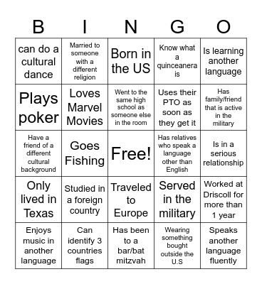 Culture Bingo Card