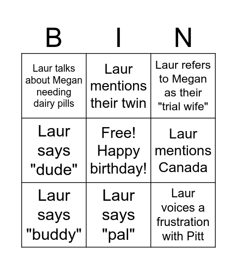 Laur birthday Bingo Card