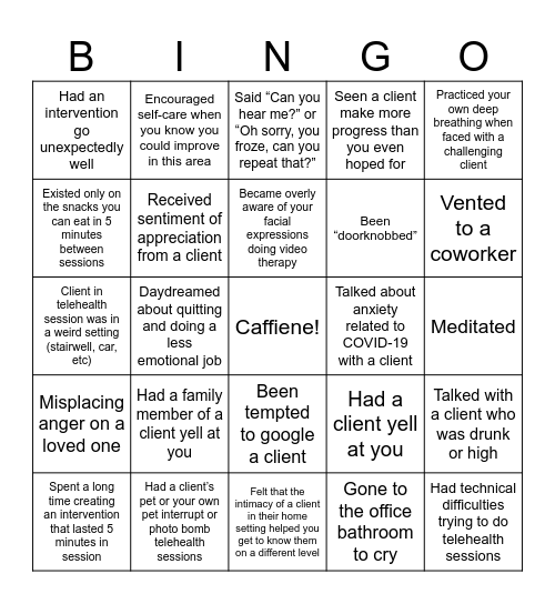 Therapist BINGO Card