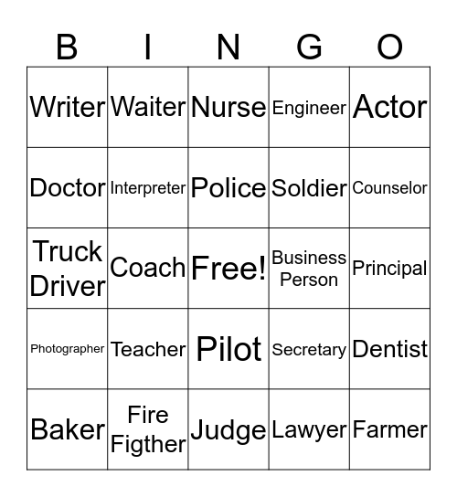 Community Jobs Bingo Card