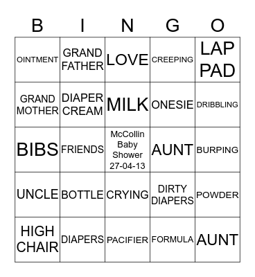 McCollin Baby Shower Bingo Card