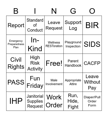 Head Start BINGO Card