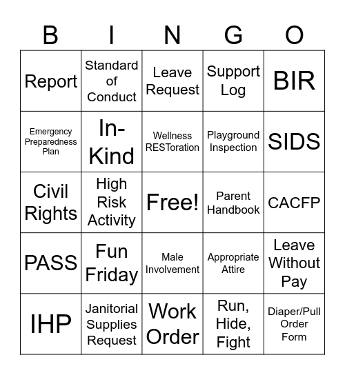 Head Start BINGO Card
