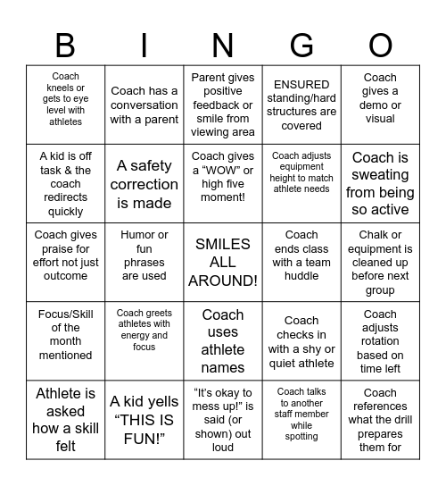 Rec Coach Training Bingo Card