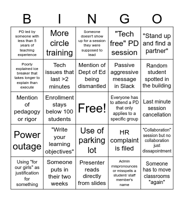 Back to School Bingo Card