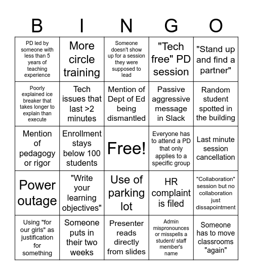 Back to School Bingo Card