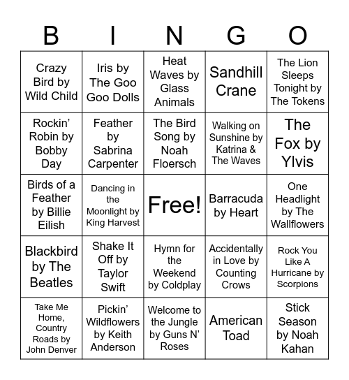 Nature Music Bingo Card