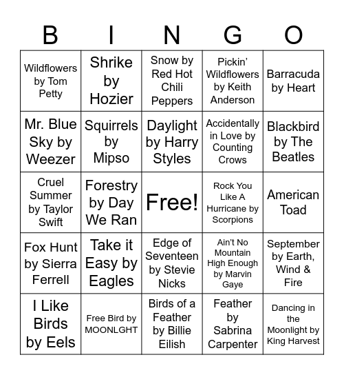Nature Music Bingo Card