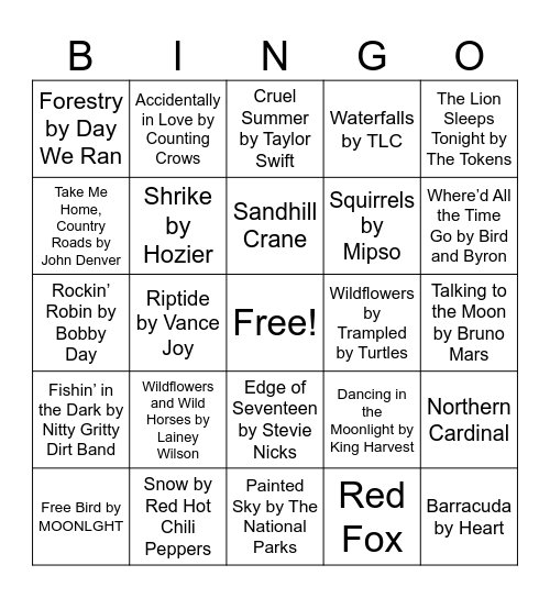 Nature Music Bingo Card