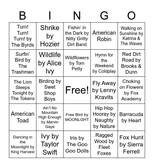 Nature Music Bingo Card