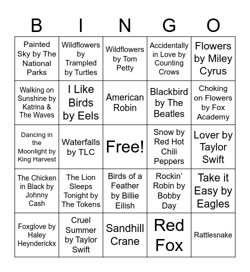 Nature Music Bingo Card