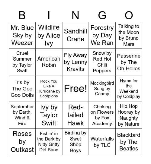 Nature Music Bingo Card