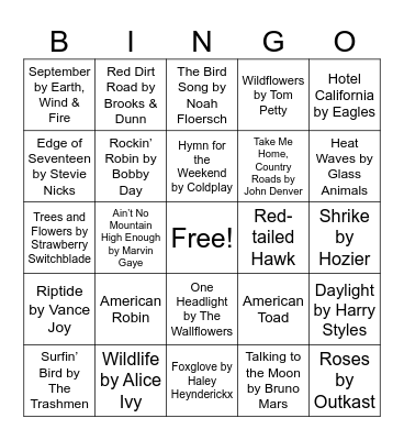 Nature Music Bingo Card