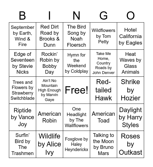 Nature Music Bingo Card