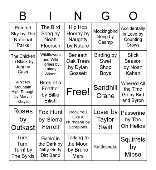 Nature Music Bingo Card