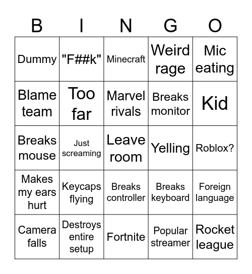 Gamer rage Bingo Card