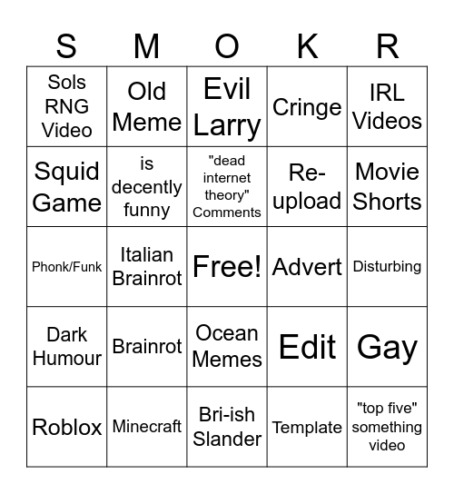 Smoker YT Shorts Bingo Card
