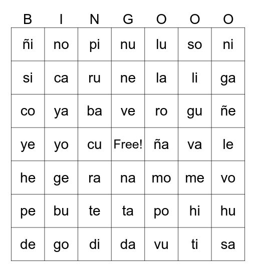 Sílabas Bingo Card