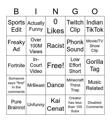 Youtube shorts bingo Card
