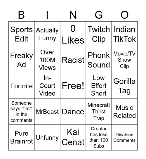 Youtube shorts bingo Card