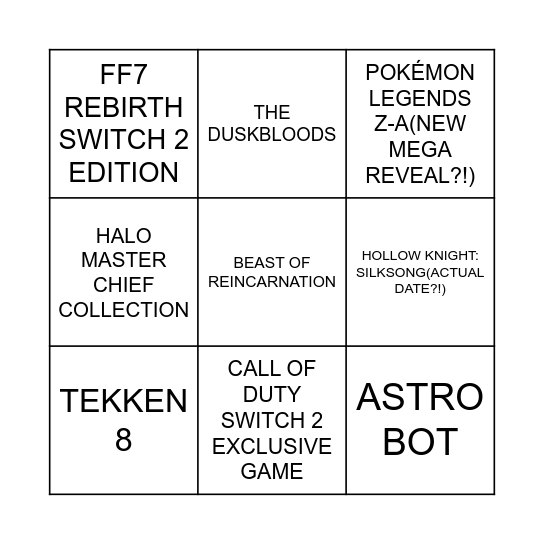 NINTENDO DIRECT - PARTNER SHOWCASE 7.31.2025 BINGO Card