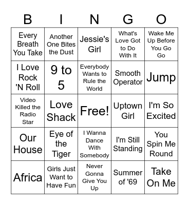 80s Hits Bingo Card