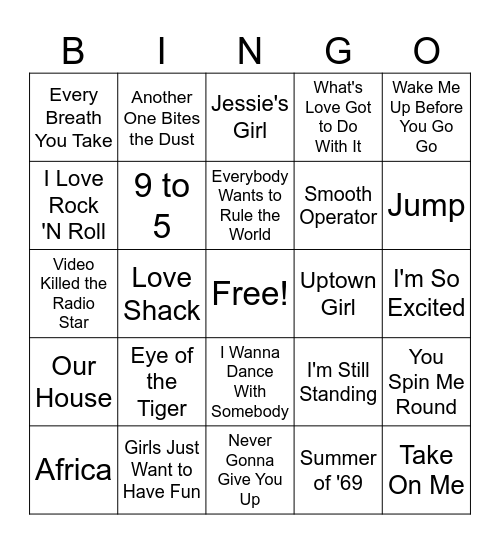 80s Hits Bingo Card
