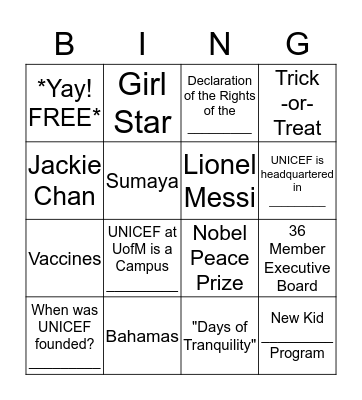 UNICEF History Bingo Card