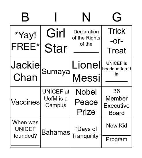 UNICEF History Bingo Card