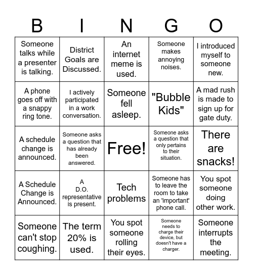 STAFF MEETING Bingo Card