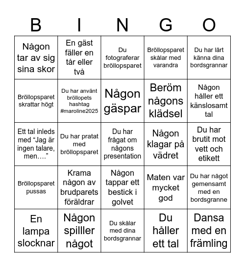 Bröllopsbingo Card