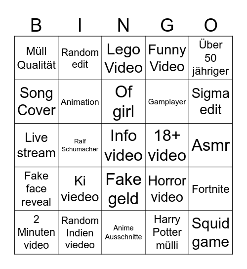 YouTube Shorts bingo Card
