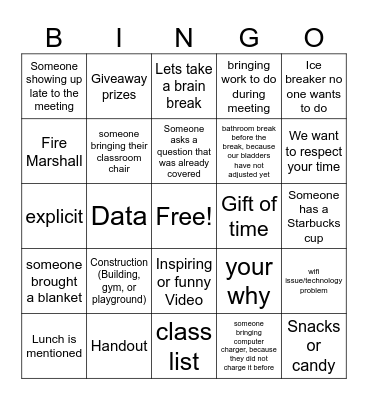 Back to school PD BINGO Card