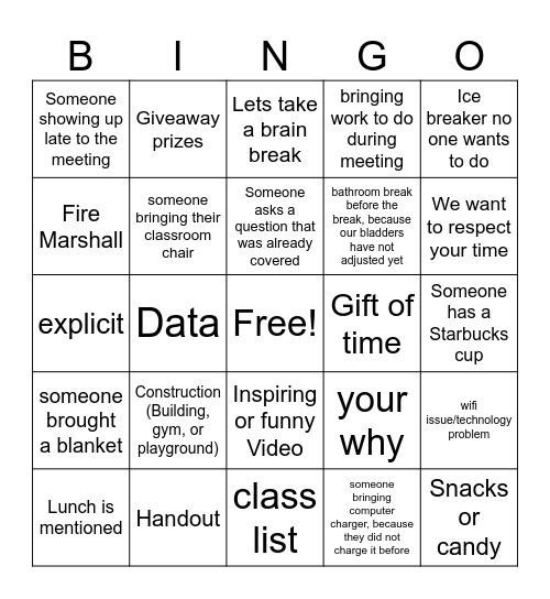 Back to school PD BINGO Card