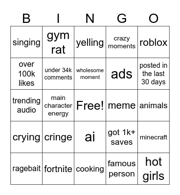 Instagram Bingo Card